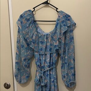 Chic Long Sleeve Floral Dress in Blue